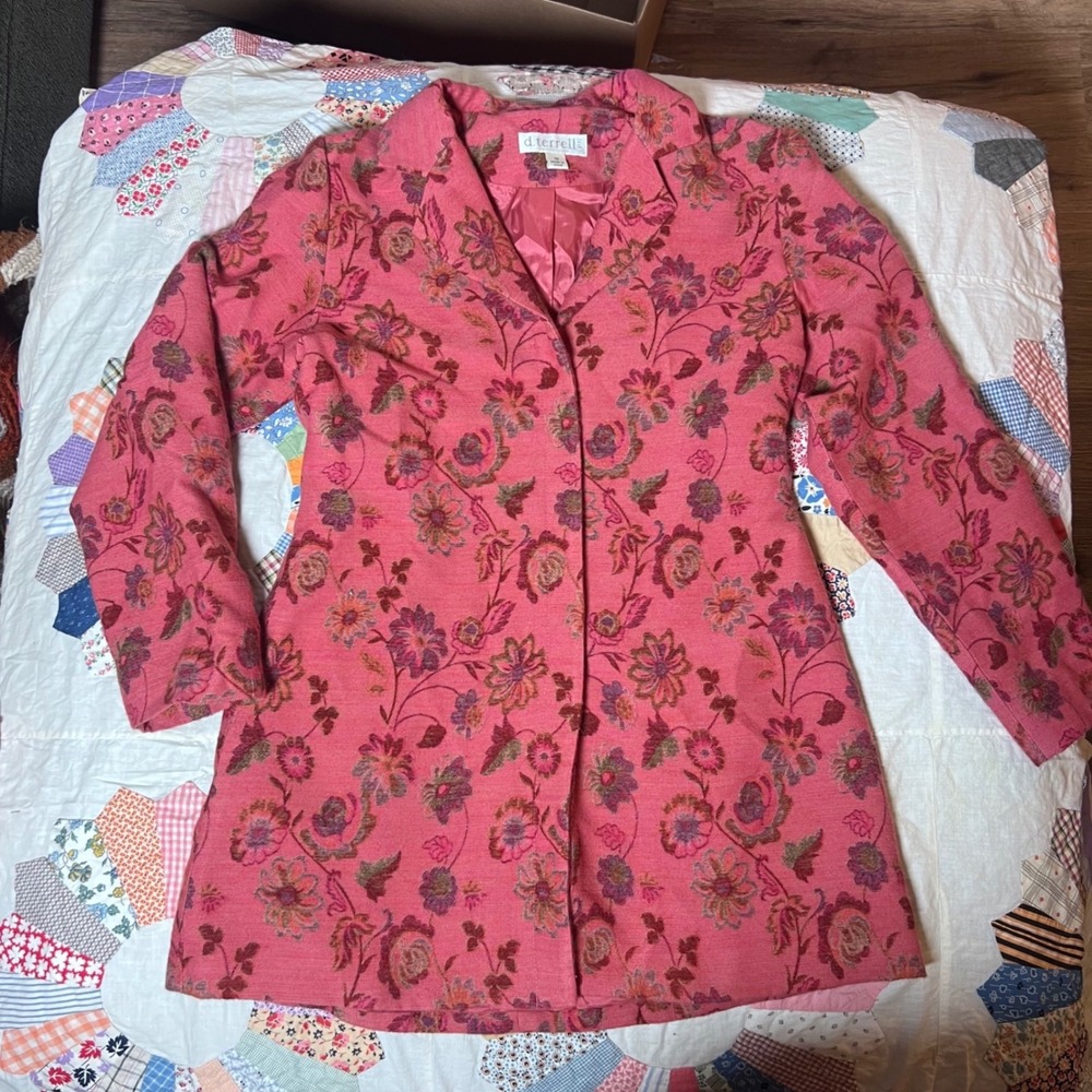 d.terrell ltd. Pink Floral Tapestry Longline Blazer Wool Blend Coat Size 10
